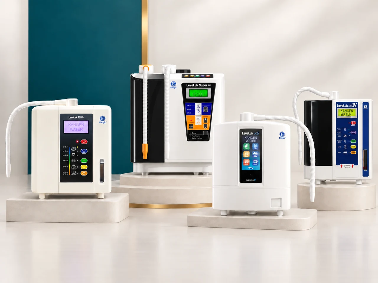 Styled composition of four Enagic water ionisers, supplied through Kangen Wellness Hub